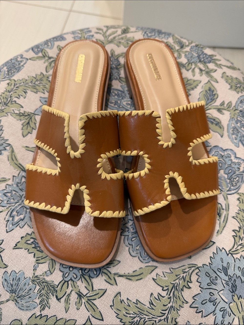 Tan Leather Slide Mules with Cream Whipstitch Trim